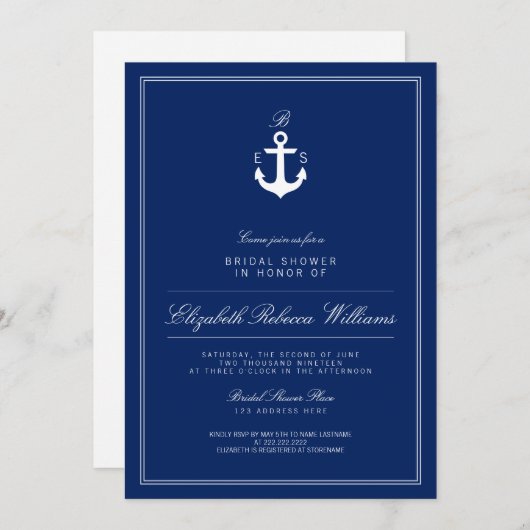 Invitation Ancre bleu marine Monogramme Fête des mariées Invi (Devant / Derrière)