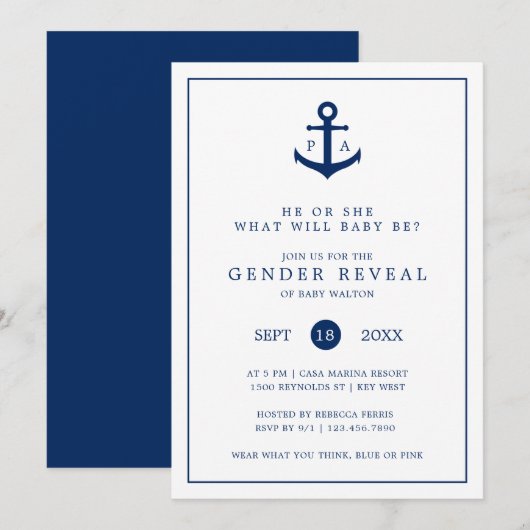 Invitation Ancre bleu marine Monogramme Révélation de genre (Devant / Derrière)