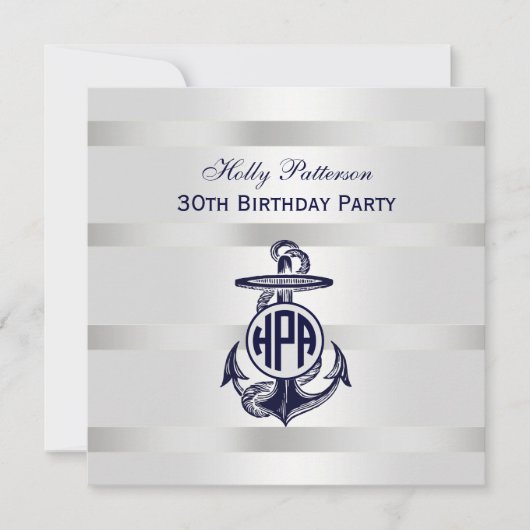 Invitation Ancre Bleue Argent Blanc Cercle Marine Monogramme  (Devant)