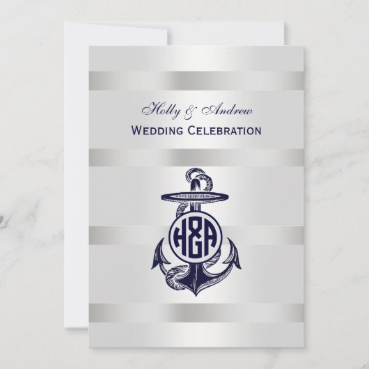 Invitation Ancre Bleue Argent Blanc Cercle Marine Monogramme (Devant)