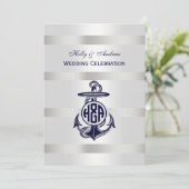 Invitation Ancre Bleue Argent Blanc Cercle Marine Monogramme (Debout devant)