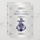 Invitation Ancre Bleue Argent Blanc Cercle Marine Monogramme (Devant / Derrière)