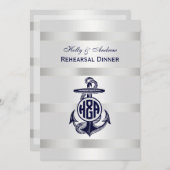 Invitation Ancre Bleue Argent Blanc Cercle Marine Monogramme  (Devant / Derrière)