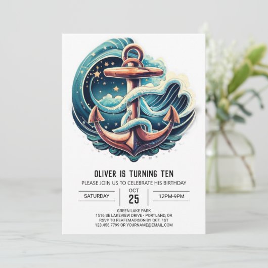 Invitation Ancre Bleue Boho Anniversaire (Debout devant)