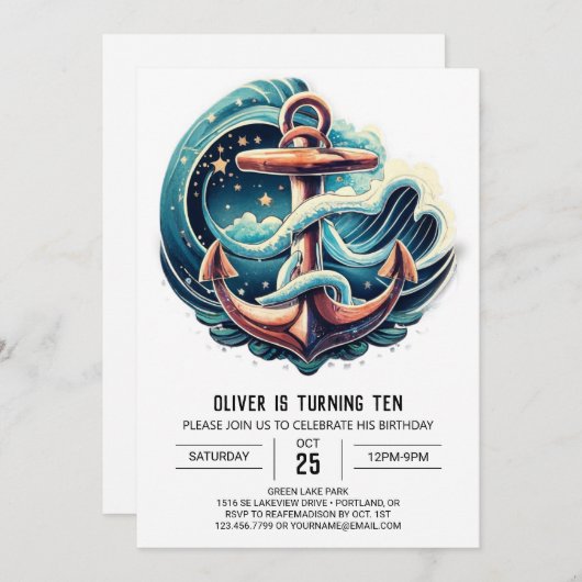 Invitation Ancre Bleue Boho Anniversaire (Devant / Derrière)