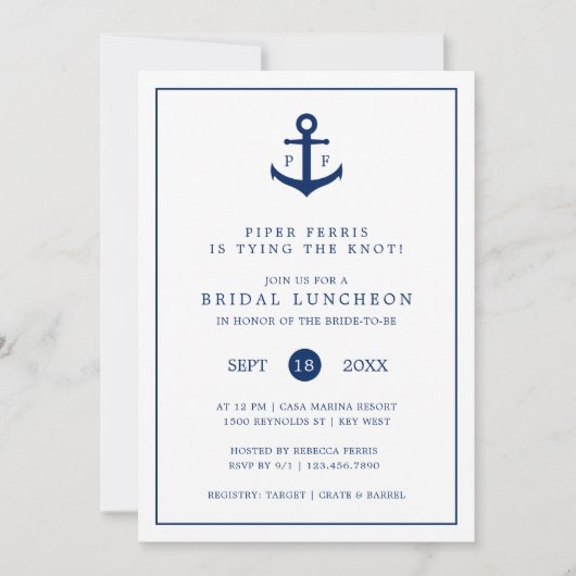 Invitation Ancre Bleue de la Marine Nautique Monogramme Déjeu (Devant)