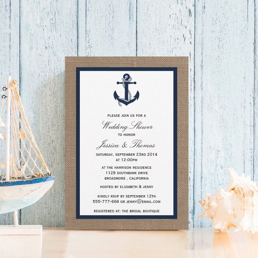 Invitation Ancre Bleue De La Marine Sur Burlap Wedding shower