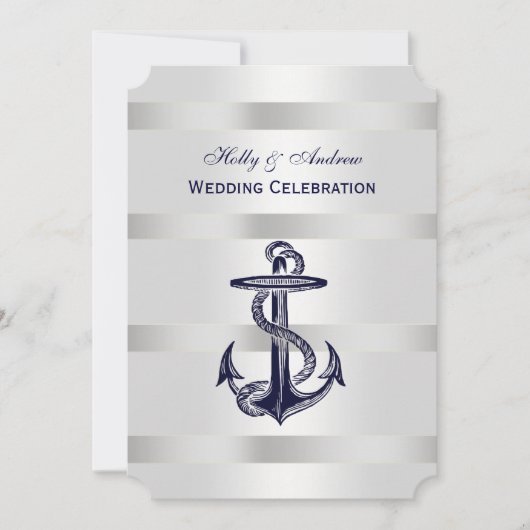 Invitation Ancre bleue marine Argent Wt BG V Mariage T (Devant)