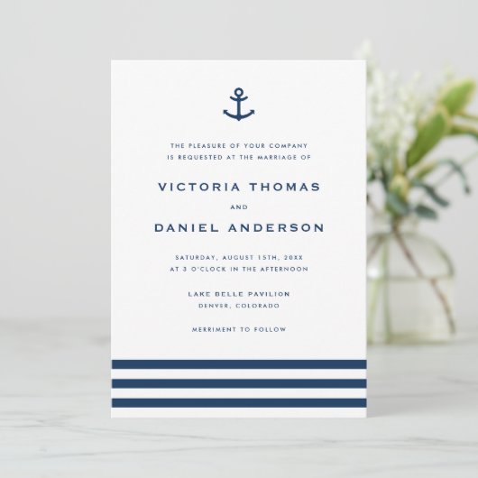 Invitation Ancre bleue marine moderne Mariage nautique (Debout devant)