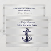 Invitation Ancre Bleue Marine Nautique Argent Wt BG H Anniver (Devant / Derrière)