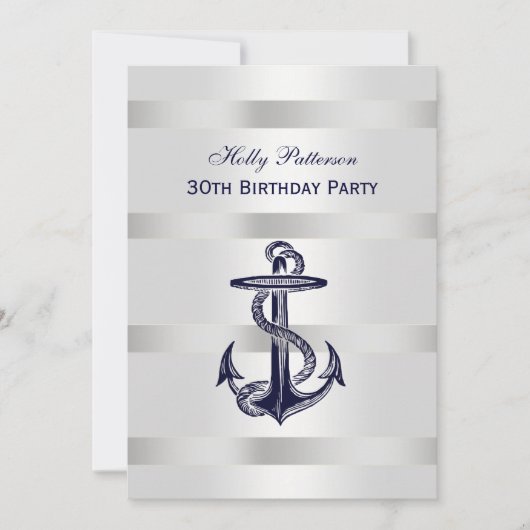 Invitation Ancre Bleue Marine Nautique Argent Wt BG V Anniver (Devant)