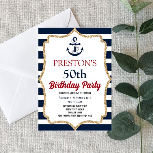Invitation Ancre Bleue Marine Nautique Fête d'anniversaire pe