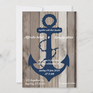 Invitation Ancre bleue Rustic Wood Marine Mariage nautique