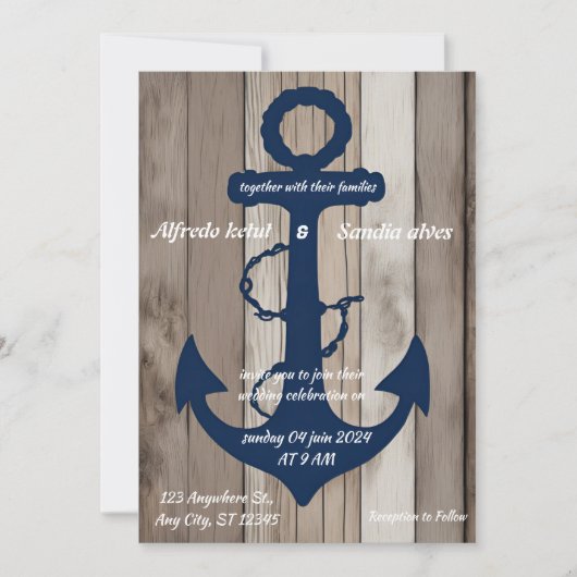 Invitation Ancre bleue Rustic Wood Marine Mariage nautique (Devant)