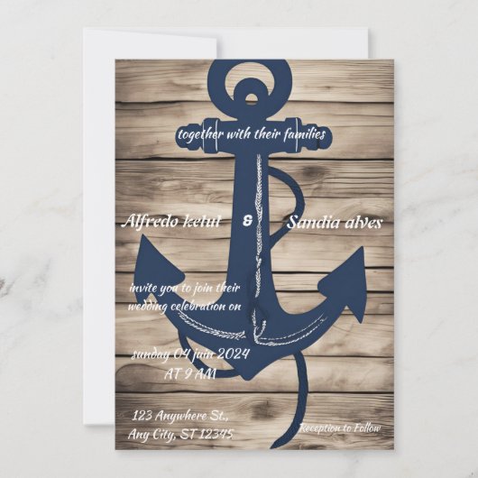 Invitation Ancre bleue Rustic Wood Marine Mariage nautique (Devant)