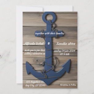 Invitation Ancre bleue Rustic Wood Marine Mariage nautique