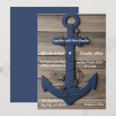 Invitation Ancre bleue Rustic Wood Marine Mariage nautique (Devant / Derrière)