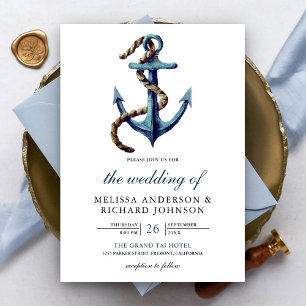 Invitation Ancre bleue Rustique  marine Mariage nautique