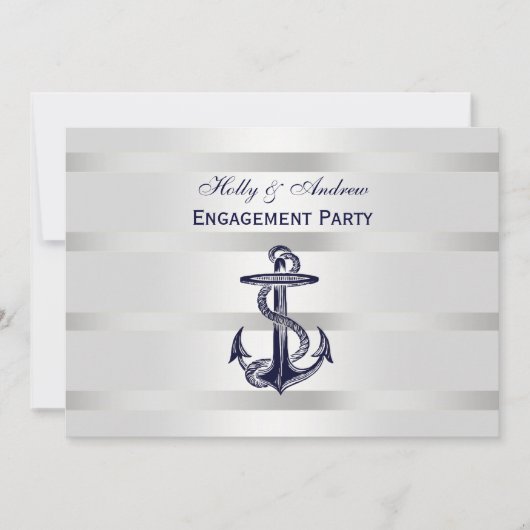 Invitation Ancre Blu de marine nautique Argent Wt BG H Fiança (Devant)