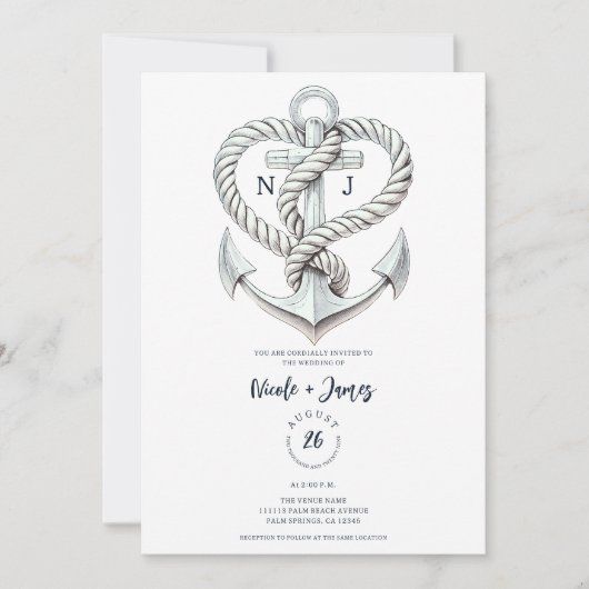 Invitation Ancre Coeur Nautique Mariage Côtier (Devant)