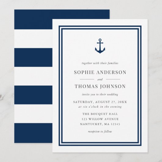 Invitation Ancre couleur modifiable et Mariage bandes blanche (Devant / Derrière)