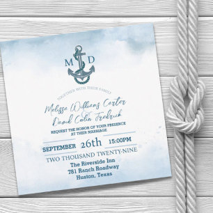Invitation Ancre d'aquarelle bleu de plage Mariage nautique