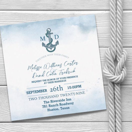 Invitation Ancre d'aquarelle bleu de plage Mariage nautique