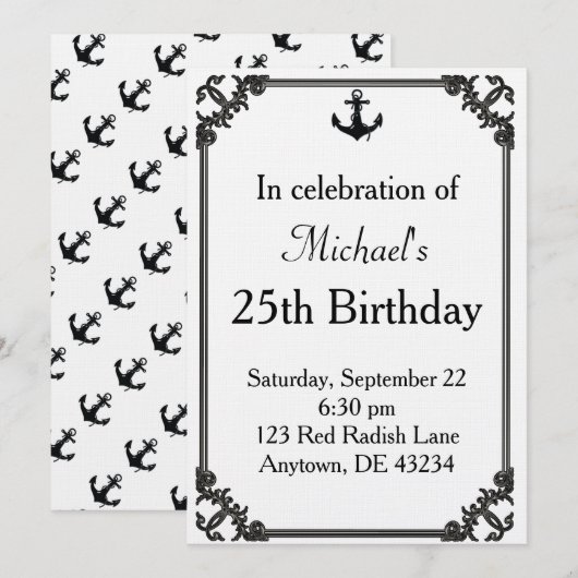 Invitation Ancre de bateau noir Anniversaire (Devant / Derrière)