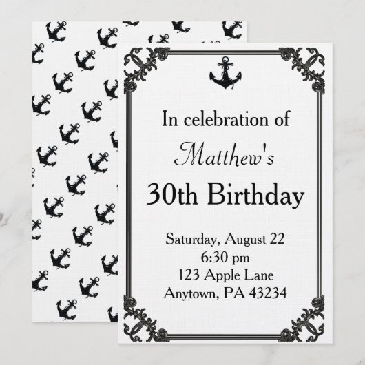 Invitation Ancre de bateau noir Anniversaire Personnalisé (Devant / Derrière)