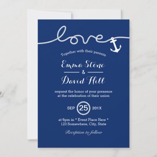 Invitation Ancre de noeud Nautique Mariage bleu marine (Devant)