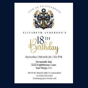 Invitation Ancre de proue nautique bleue et or 18e anniversai