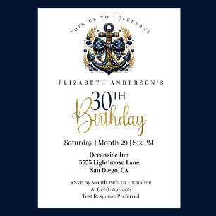 Invitation Ancre de proue nautique bleue et or 30e anniversai