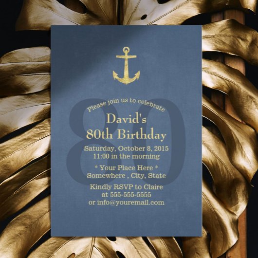 Invitation Ancre d'or bleu marine 80e anniversaire
