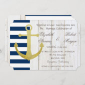 Invitation Ancre d'or de mariage de plage, Stripes, Invitatio (Devant / Derrière)