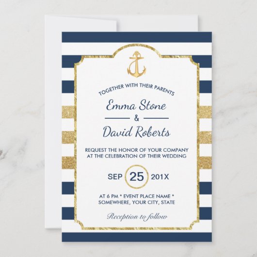Invitation Ancre d'or Marine & Gold Stripes Mariage nautique (Devant)