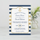 Invitation Ancre d'or Marine & Gold Stripes Mariage nautique (Debout devant)
