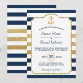 Invitation Ancre d'or Marine & Gold Stripes Mariage nautique (Devant / Derrière)