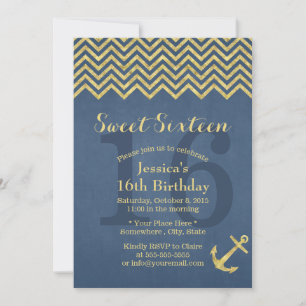 Invitation Ancre d'or nautique Chevron Stripes Sweet 16