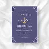 Invitation Ancre d'or nautique rayures Mariage bleu marine