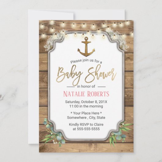 Invitation Ancre d'or rustique Éclairage Baby shower de grang (Devant)