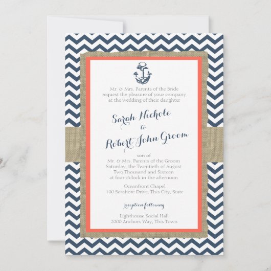 Invitation Ancre et Chevron Coral Blue Rustic Mariage (Devant)