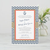 Invitation Ancre et Chevron Coral Blue Rustic Mariage (Debout devant)