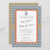Invitation Ancre et Chevron Coral Blue Rustic Mariage (Devant / Derrière)