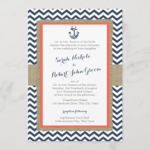 Invitation Ancre et Chevron Coral Blue Rustic Mariage