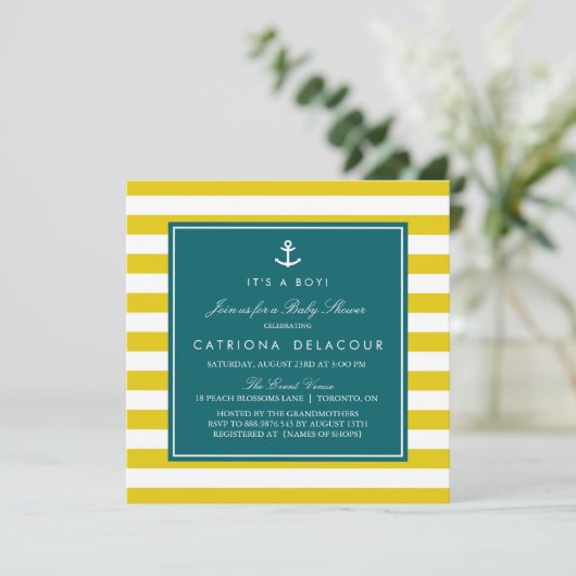Invitation Ancre et rayures | Baby shower Turquoise et moutar (Debout devant)