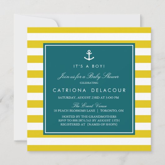 Invitation Ancre et rayures | Baby shower Turquoise et moutar (Devant)