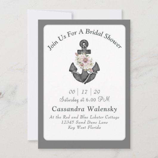 Invitation Ancre florale blanc argent gris Mariage nautique (Devant)