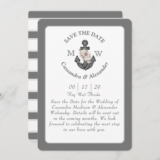 Invitation Ancre florale blanc argent gris Mariage nautique (Devant / Derrière)