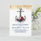 Invitation Ancre florale bleu marine Graduation nautique (Debout devant)