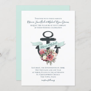 Invitation Ancre florale Mariage d'aquarelle marine